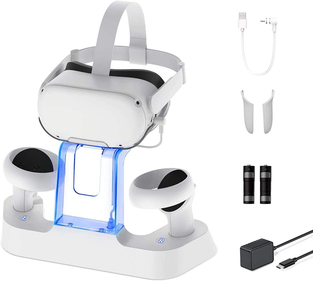 NexiGo töltődokkoló, Meta Oculus Quest 2-höz, VR szemüveg állvány és vezérlőtartó, 2 újratölthető elem, mágneses kábel